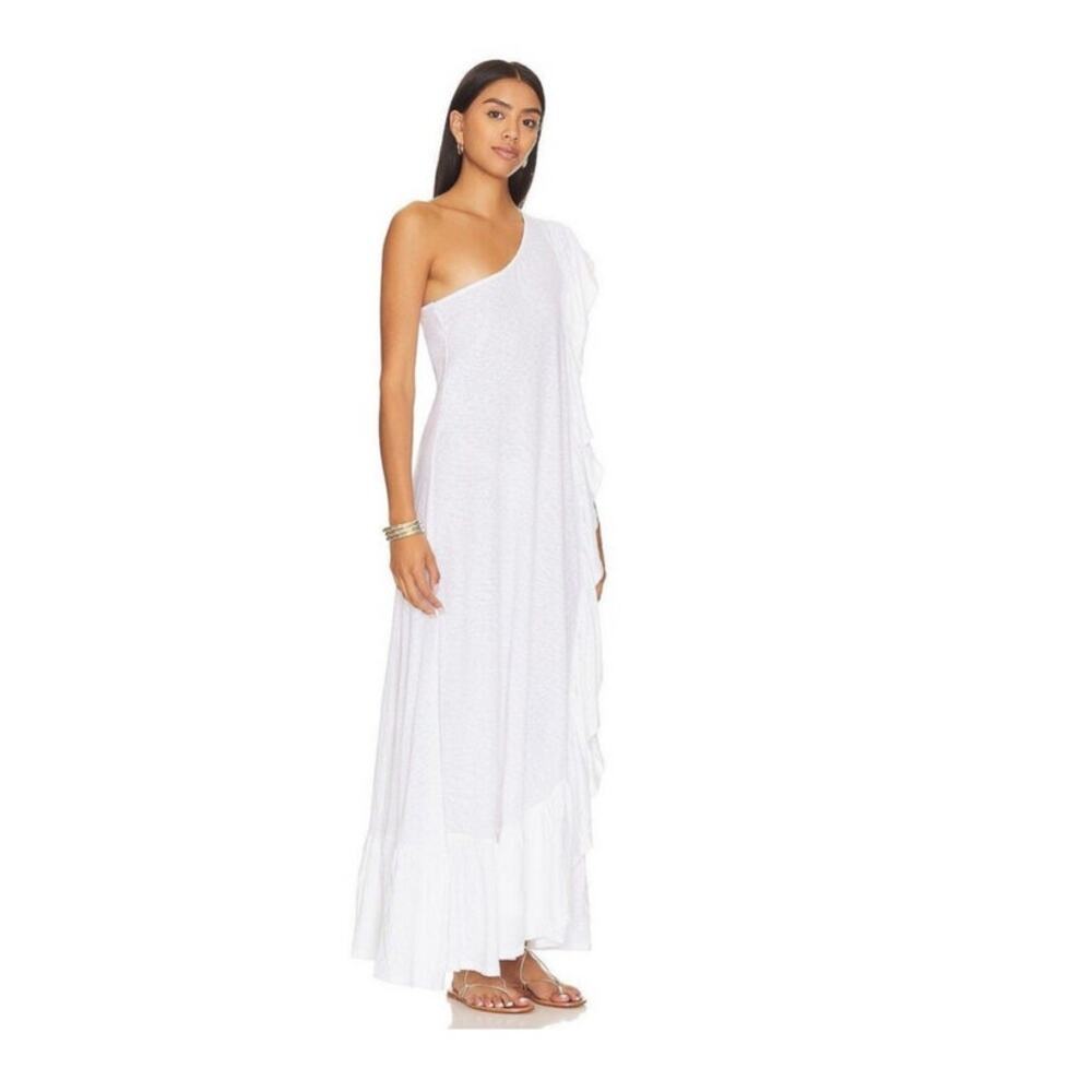 Elisa Slub Cotton White Maxi Dress Ruffled One Shoulder Dress Medium - Picture 4 of 16